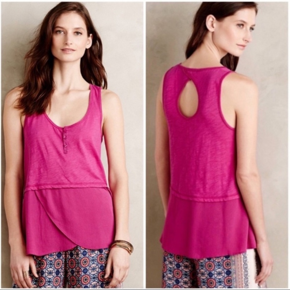 Anthropologie Fuschia Henley Style Tank Top, S.